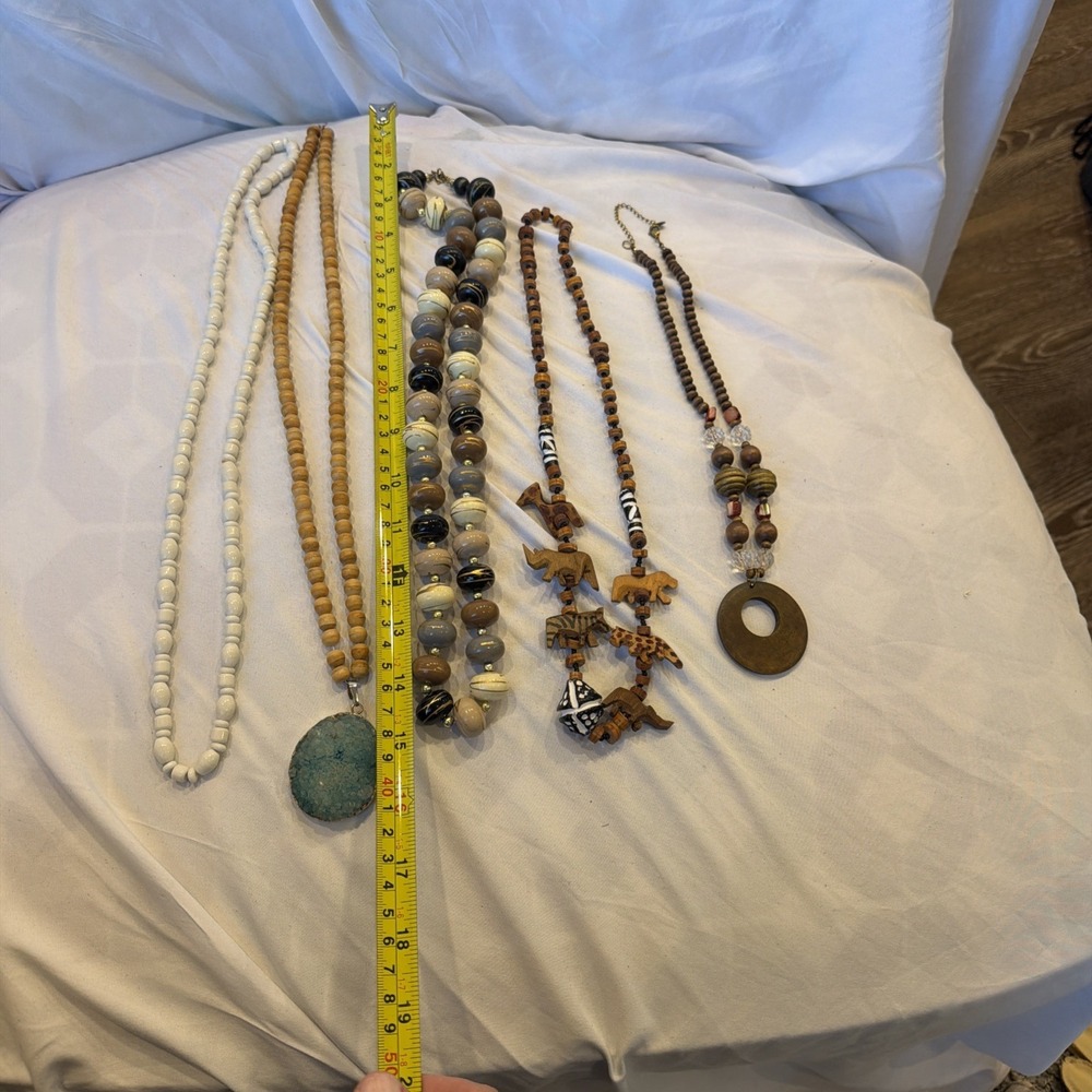 Lot of 5 Boho Statement Necklaces Wood Bead Druzy Pendant Chunky Artisan Jewelry - Picture 2 of 12